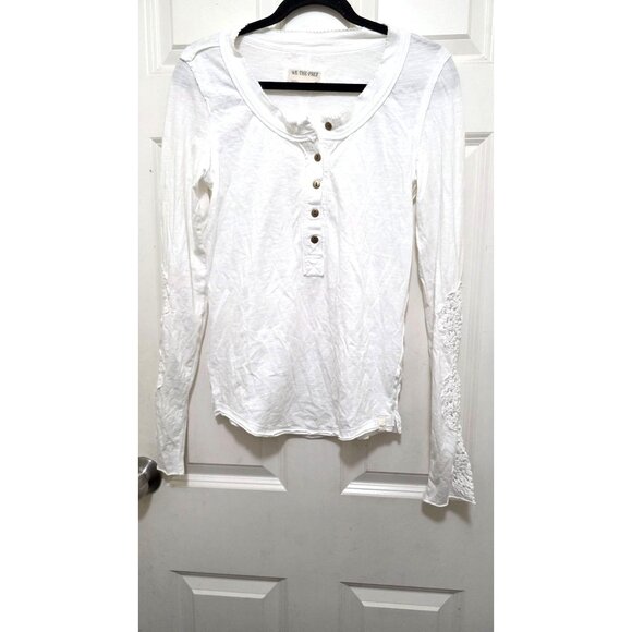 We The Free White Long-Sleeve Henley Thermal Top Crochet Sleeve Detail Womens M - Picture 2 of 6